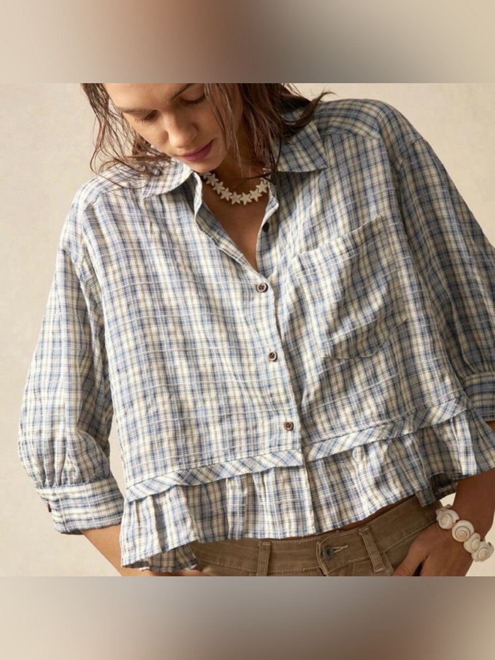 NWOT Women's Blue Plaid Ruffle Hem Button-Down Shirt / boxy cropped - Picture 5 of 9